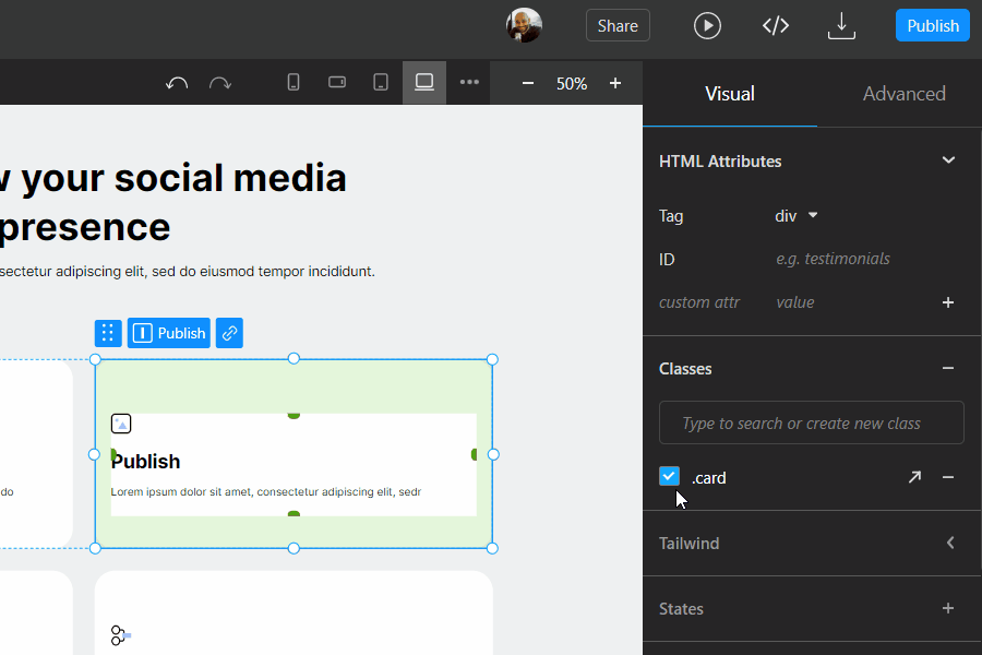 Toggle CSS and properties presentation